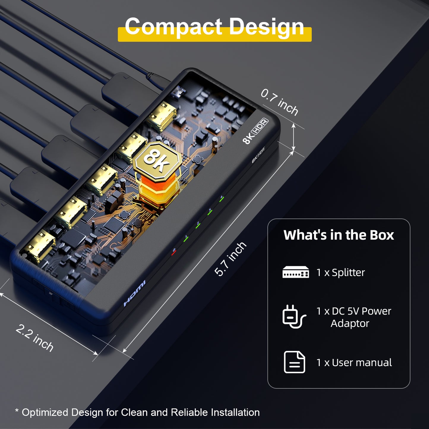 8K HDMI Splitter 1x4 – 1 in 4 Out, HDMI 2.1, 8K@60Hz, 4K@240Hz, 48Gbps, HDCP 2.3