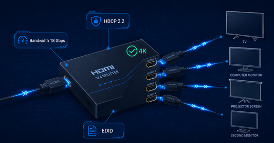 1x4 HDMI splitter supporting 4K, 18Gbps bandwidth, HDCP 2.2 and EDID, distributing one HDMI source to four displays.