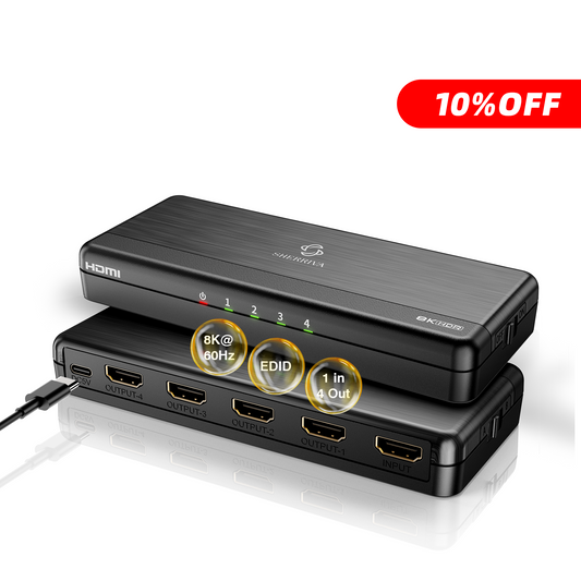8K HDMI Splitter 1x4, 8K@60Hz, 4K@240Hz(DSC), HDMI 2.1, HDCP 2.3,VRR, For PS5/PC/Monitor