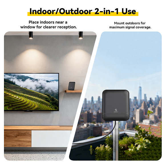 Two scenarios showing a device for indoor and outdoor use with text indicating its versatility.