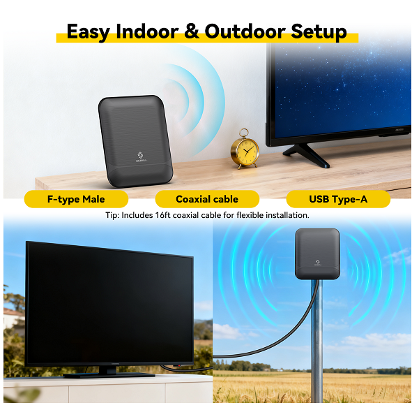 Product setup guide with TV, TV antenna, and outdoor installation on a wooden surface.