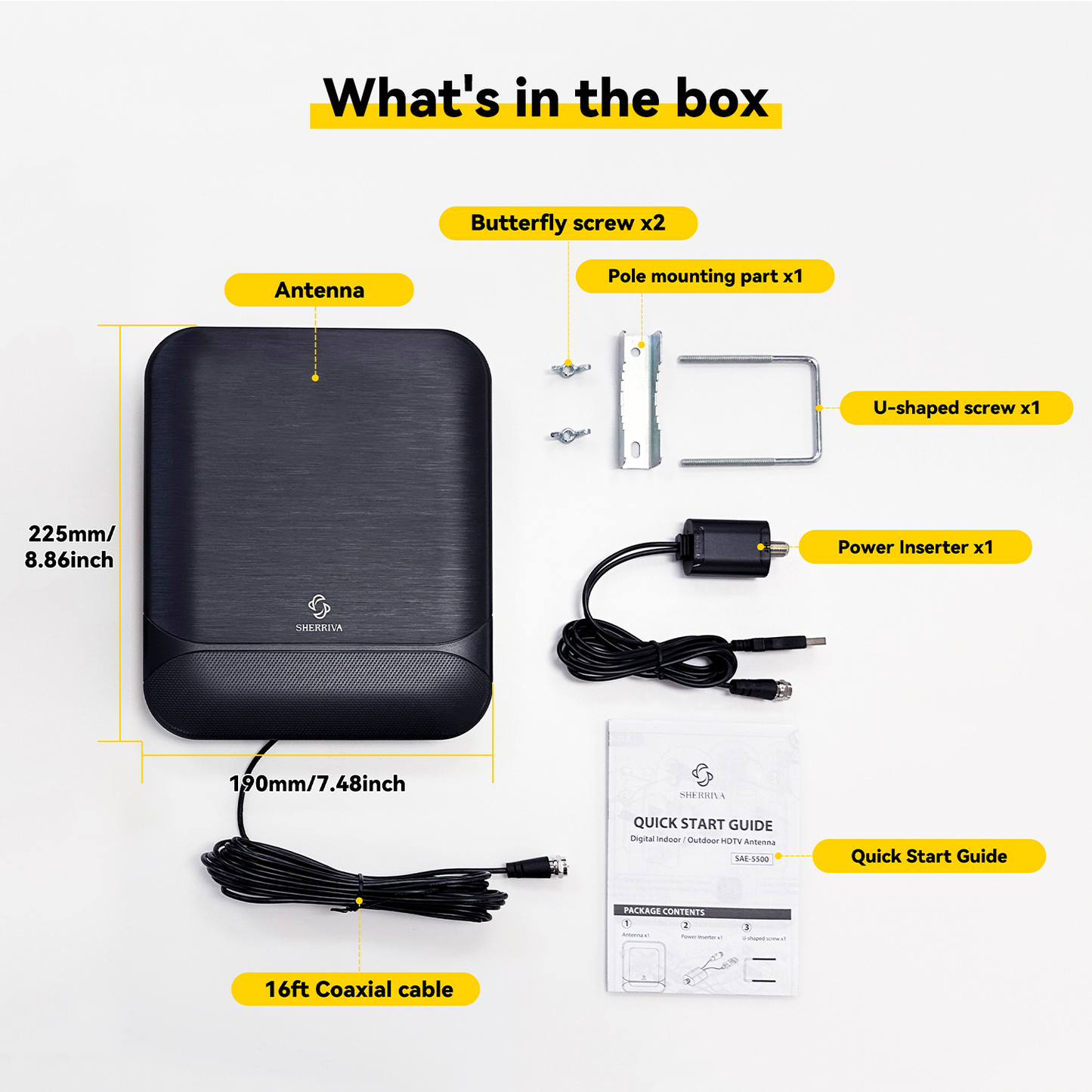 List of items included in a box with a black device, cables, butterfly screw, pole mounting part, U-shaped screw, power inserter, and a quick start guide.