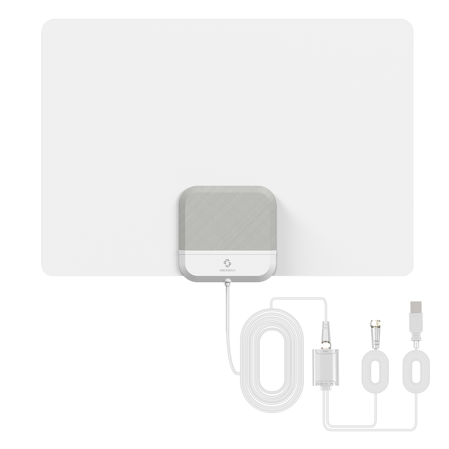 White electronic device - 65 miles indoor TV antenna with cables on a white background