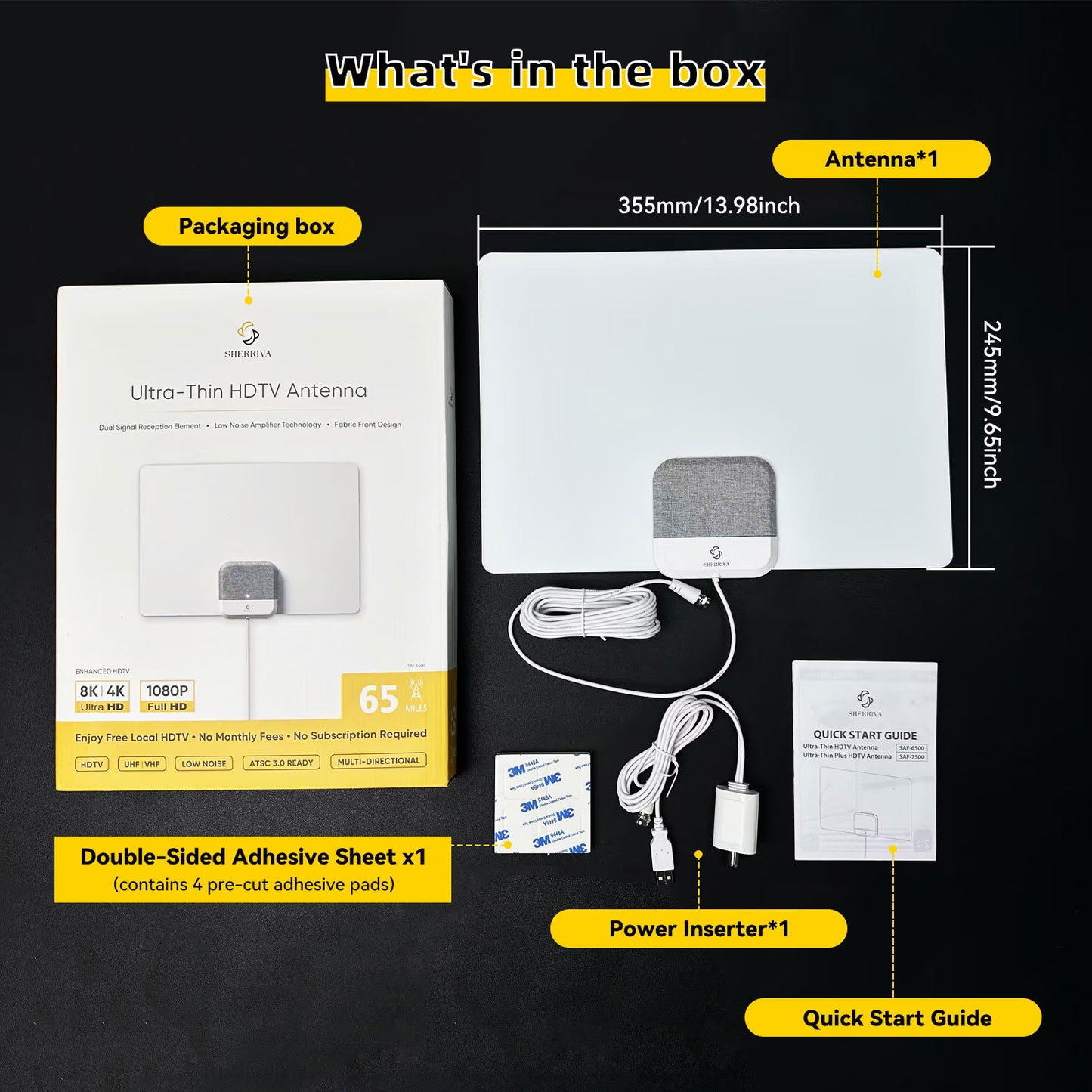 Product packaging with antenna, power inserter, adhesive sheet, and quick start guide on a black background.