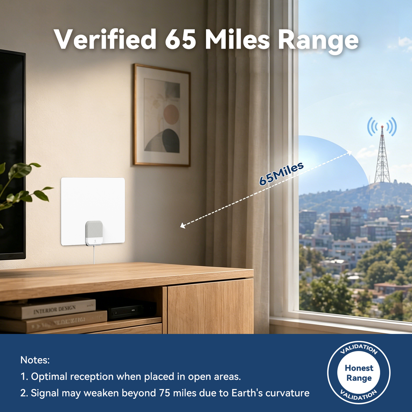 Room interior with a device on a shelf, window showing a cityscape, and text about signal range - 65 Miles.