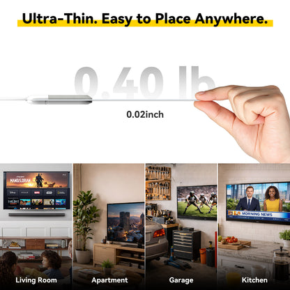 Thin electronic device being held above a TV in various settings with text about weight and ease of placement.