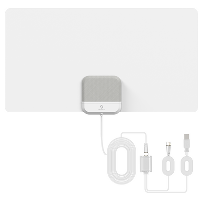 White electronic device - 75 miles indoor TV antenna with cables on a white background