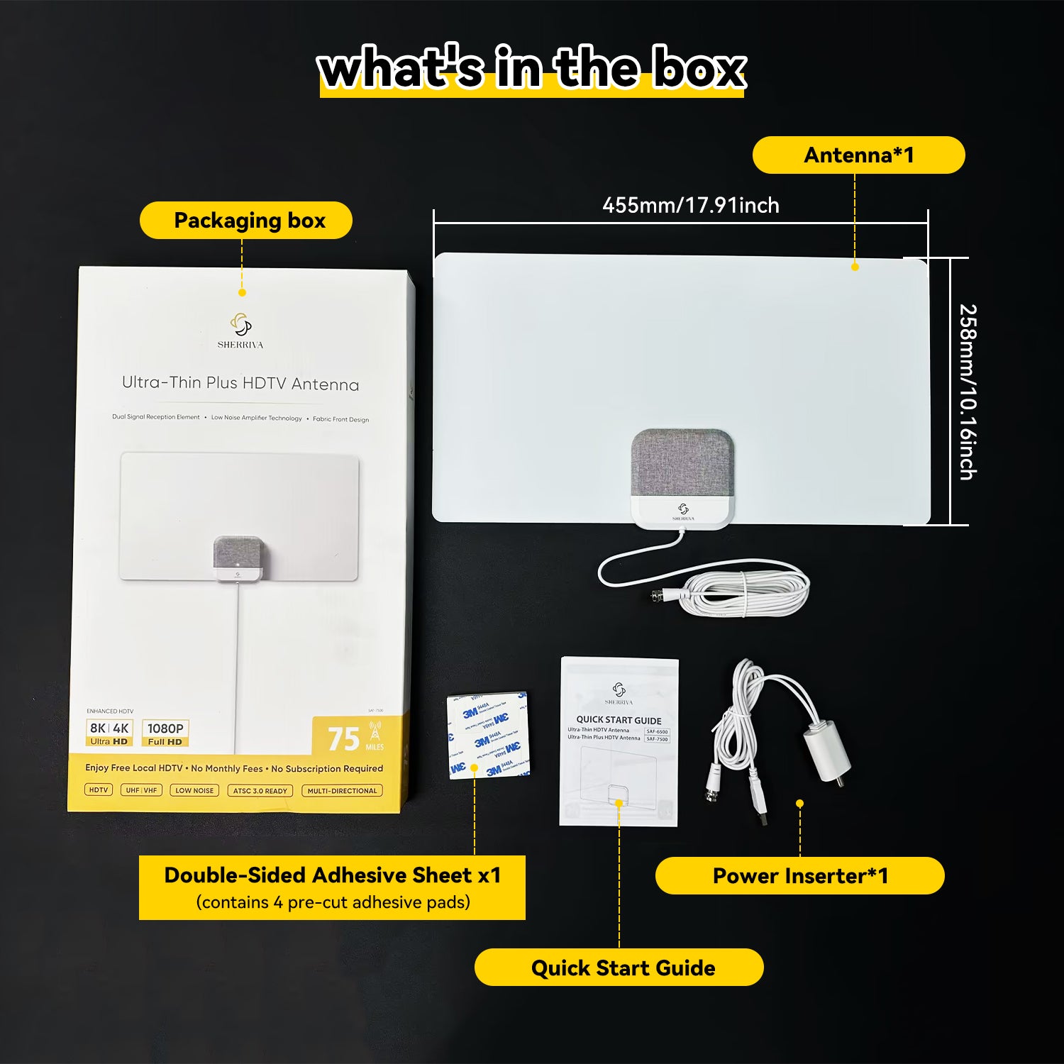 Television antenna set with packaging, antenna, power inserter, adhesive sheet, and quick start guide on a black background.