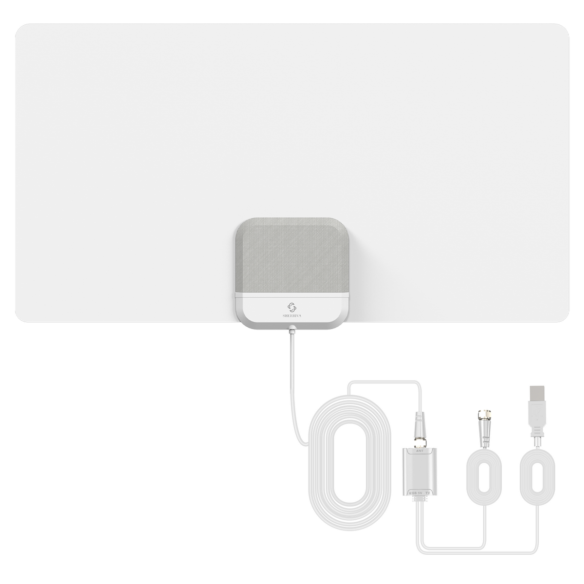 White electronic device - 75 miles indoor TV antenna with cables on a white background