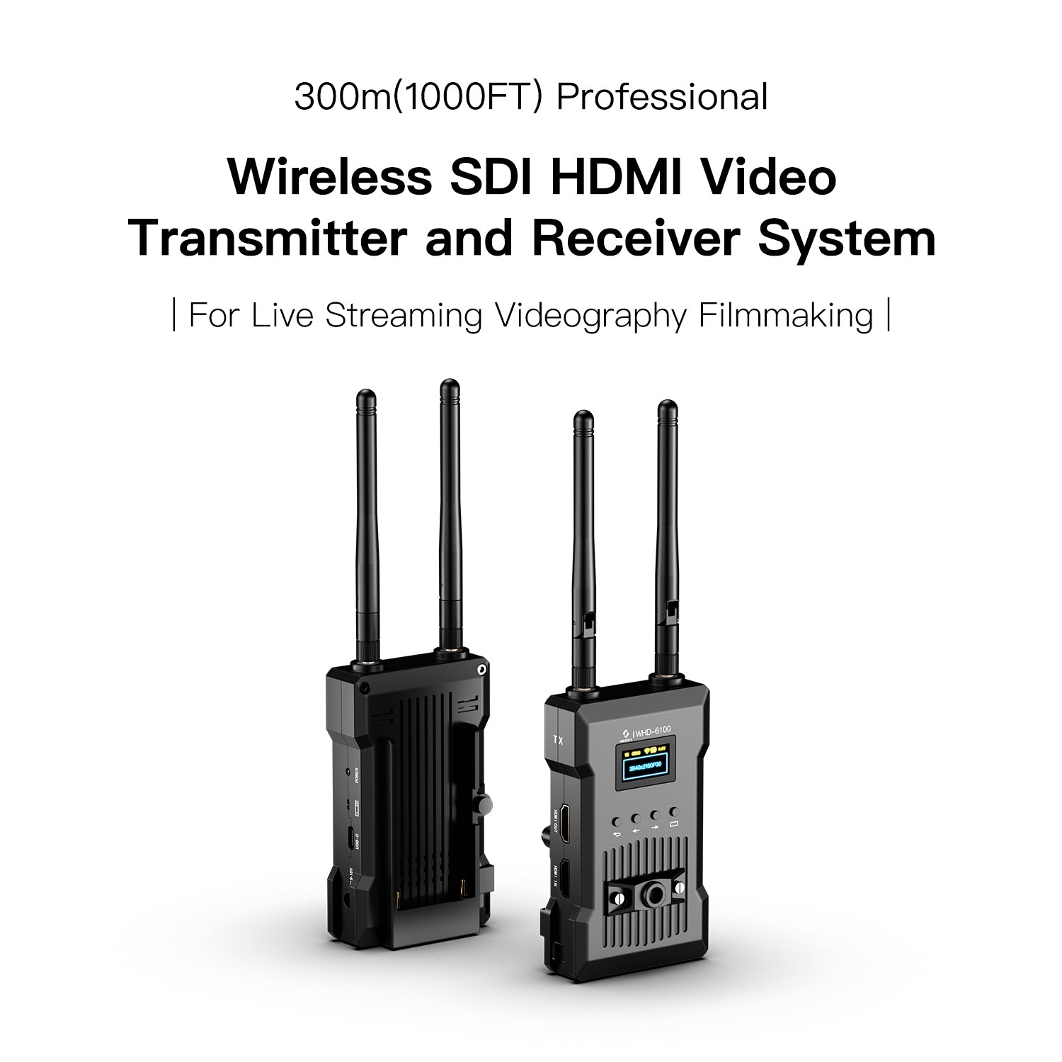 Two wireless SDI HDMI video transmitter and receiver systems on a white background with text about their features.