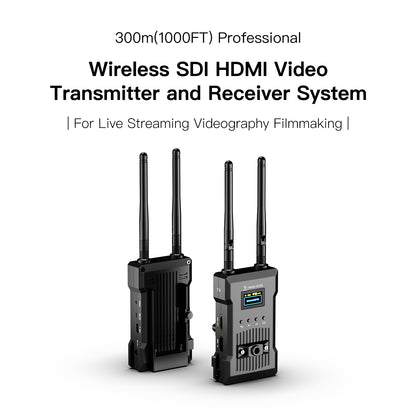 Two wireless SDI HDMI video transmitter and receiver systems on a white background with text about their features.