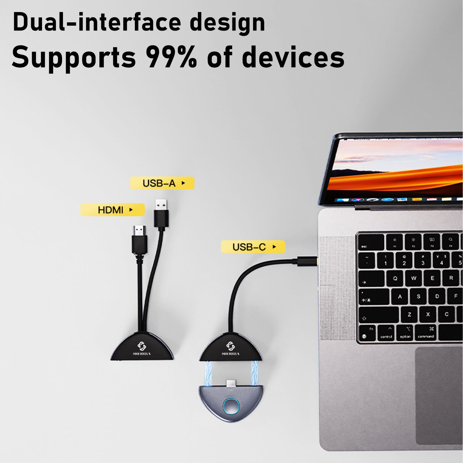 SHERRIVA's USB-C transmitter connected to a laptop, with a text "Dual-interface design Supports 99% of devices" on the light gray background.