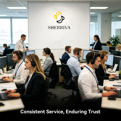 Call center with employees wearing headsets, SHERRIVA logo on a whiteboard, and text 'Consistent Service, Enduring Trust'.