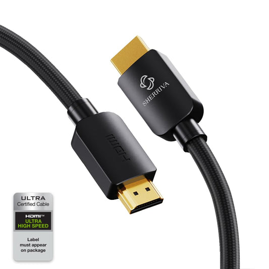 A black HDMI cable with gold-plated connectors, branded by SHERRIVA, advertised as Ultra High Speed HDMI cable supporting 8K resolution.
