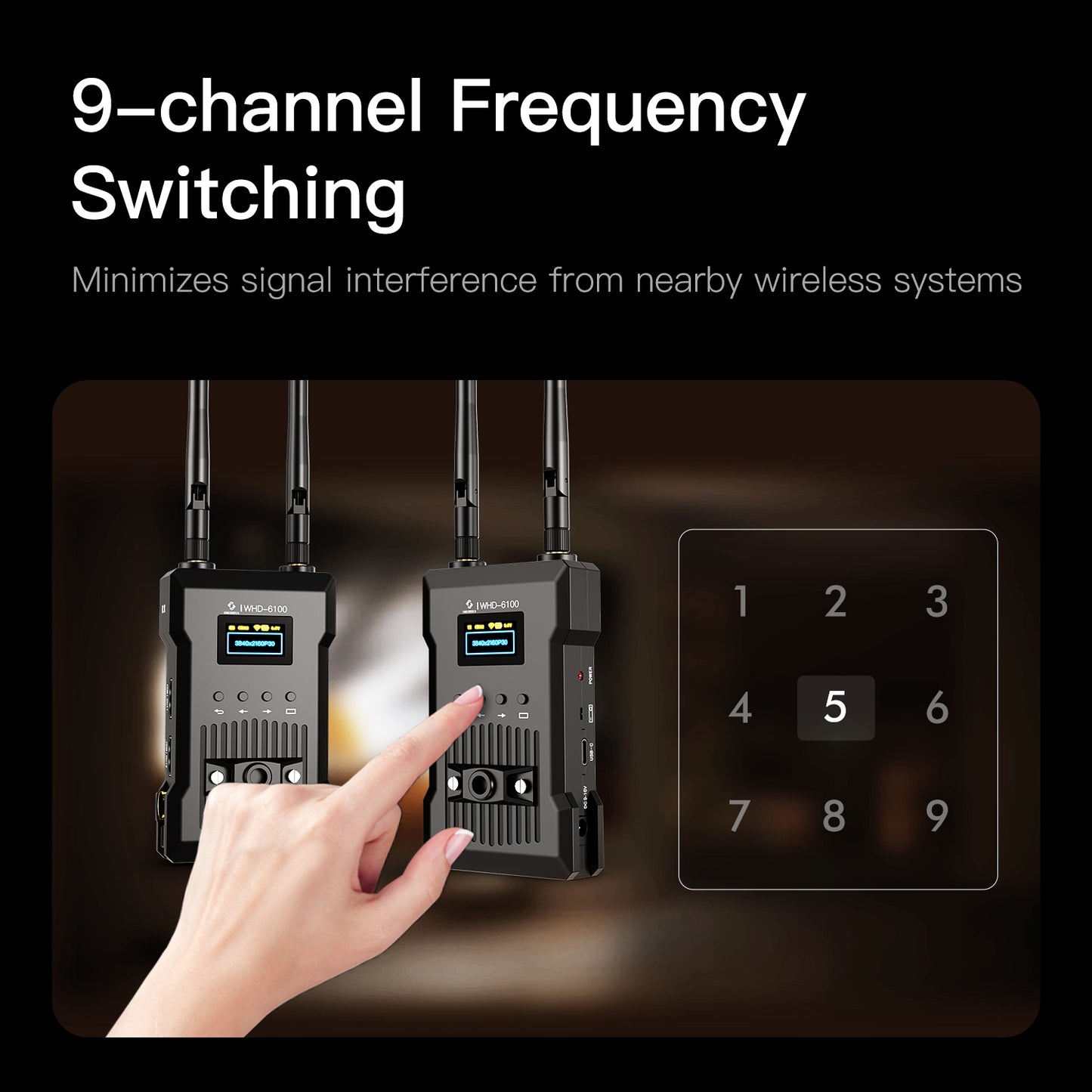 Two electronic devices with a hand selecting a channel on a digital keypad against a dark background.