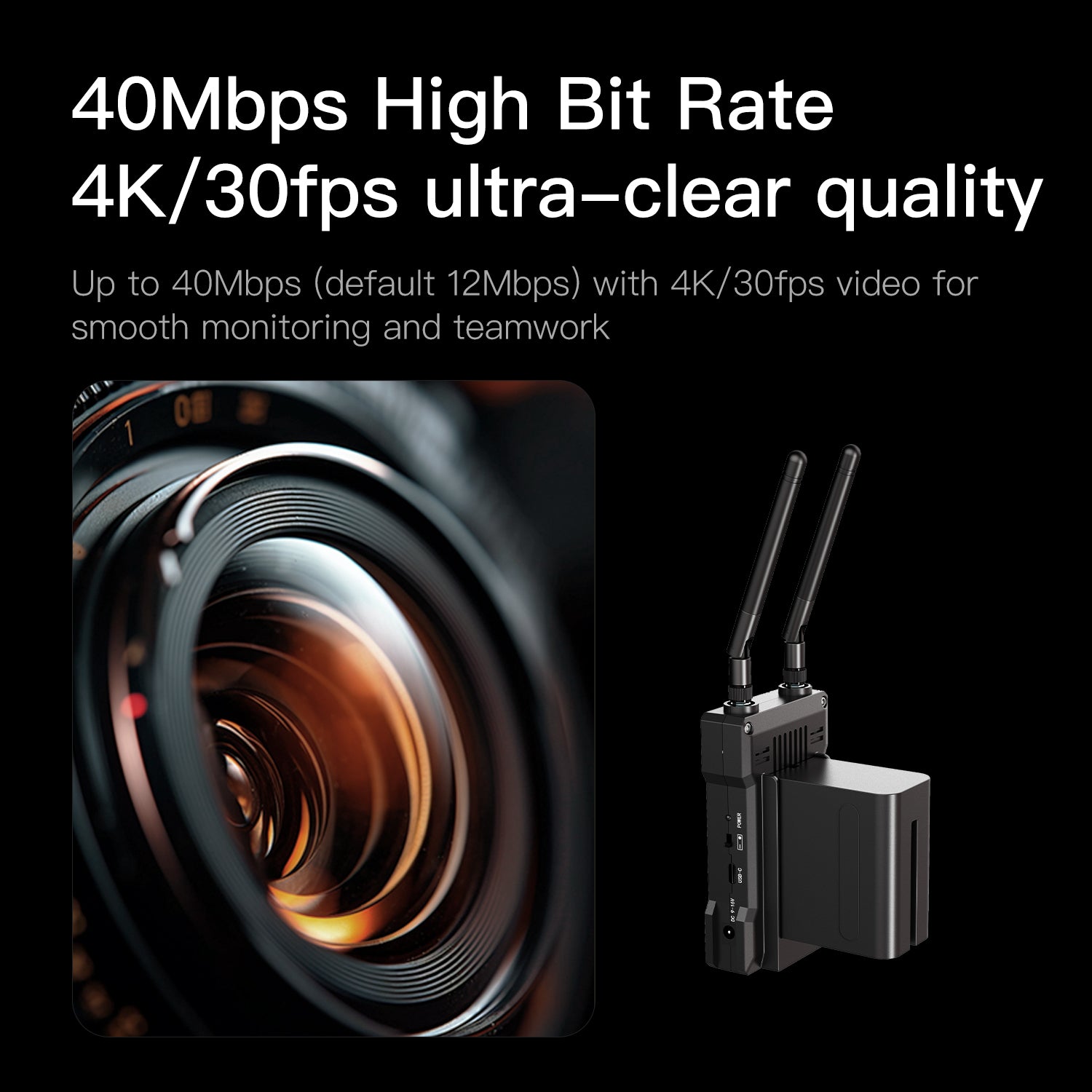 Camera lens and wireless transmitter with text about high bit rate and ultra-clear quality on a black background.
