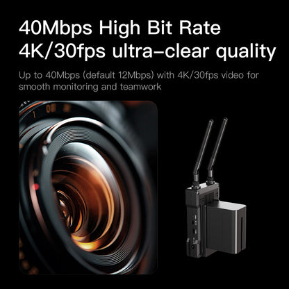 Camera lens and wireless transmitter with text about high bit rate and ultra-clear quality on a black background.