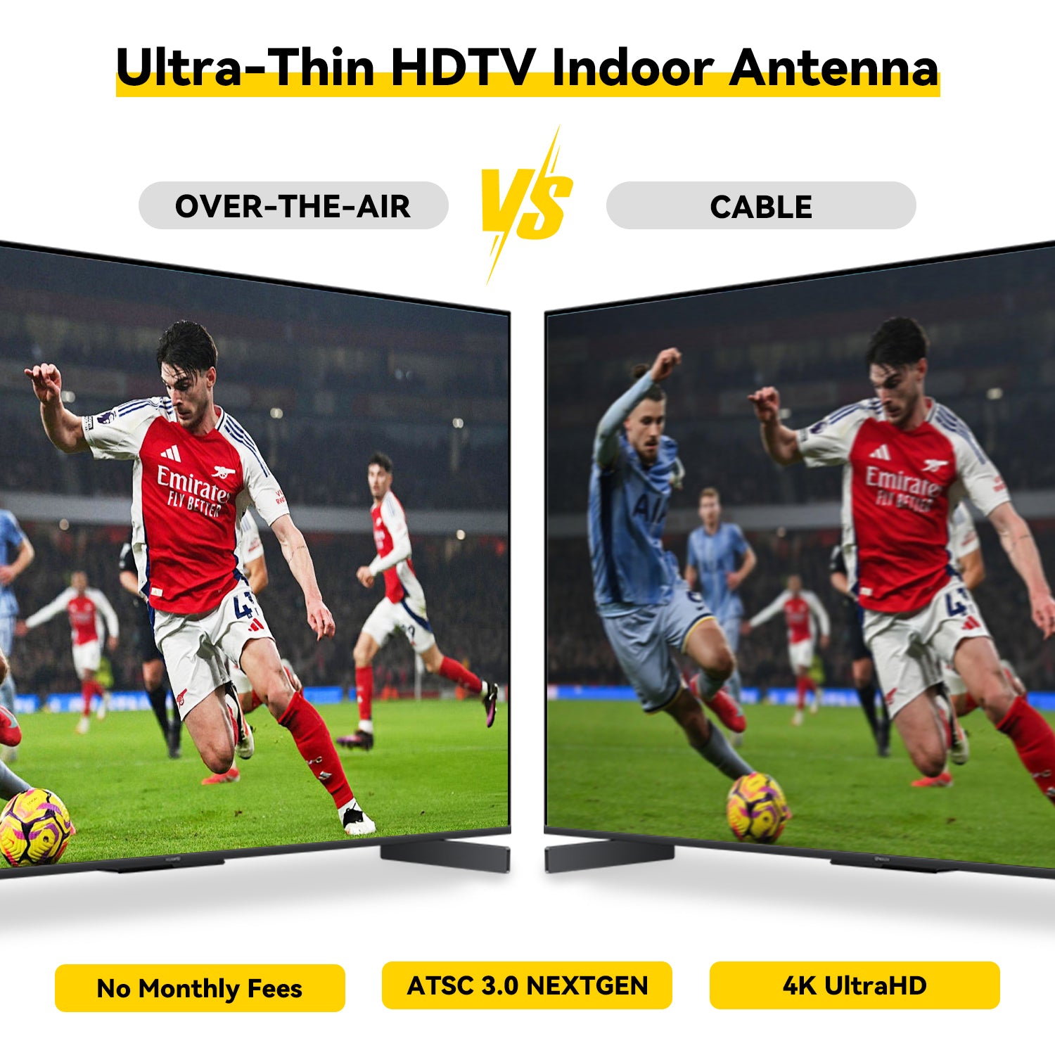Comparison of over-the-air and cable TV on two screens with sports content, featuring an ultra-thin HDTV indoor antenna.