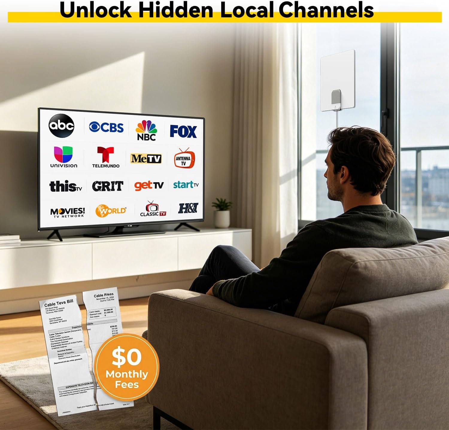 Man sitting on a couch in a living room with a TV displaying various cable channel logos, with text promoting hidden local channels and no monthly fees.
