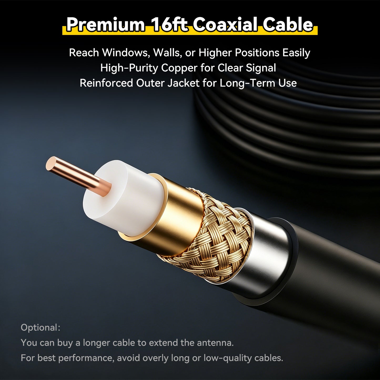 Premium 16ft coaxial cable with gold connector on a dark background