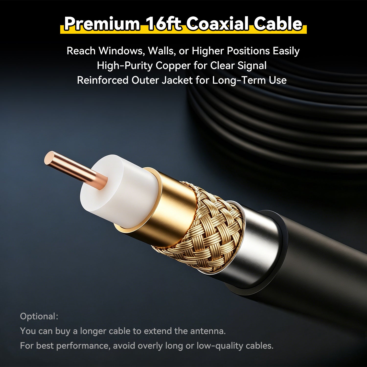 Premium 16ft coaxial cable with gold connector on a dark background