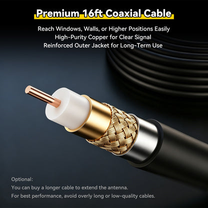 Premium 16ft coaxial cable with gold connector on a dark background