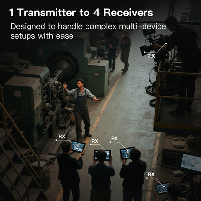 Industrial setting with a person using a transmitter and multiple receivers being used by others.