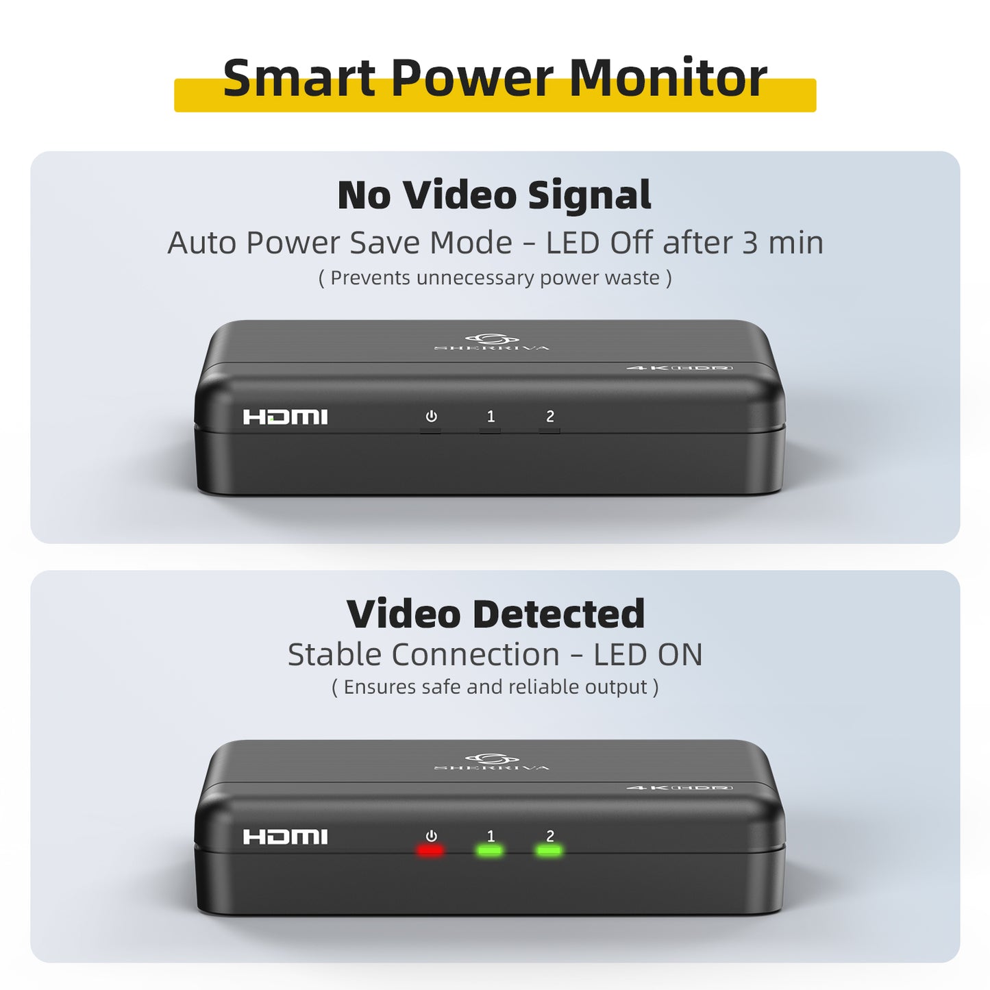 HDMI switcher with LED indicators on a light gray background