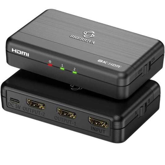 SHERRIVA's 1 in 2 out 8K splitter with 1 input and 2 output ports.
