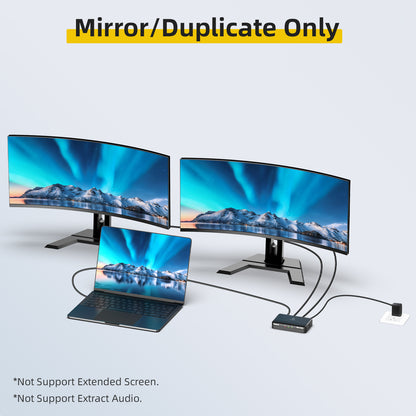 Mirror/Duplicate function: Two computer monitors and a laptop displaying the same mountainous landscape.