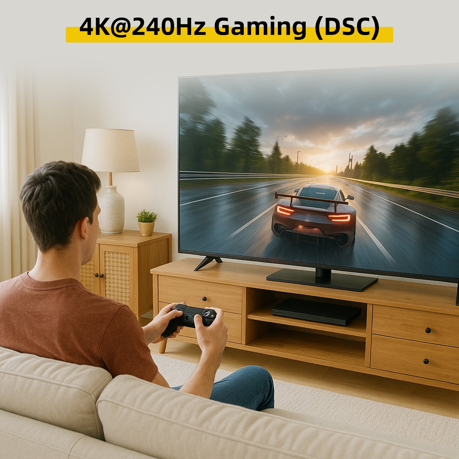 Person playing a racing game on a large TV screen with '4K@240Hz Gaming (DSC)' text.