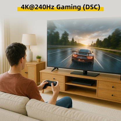 Person playing a racing game on a large TV screen with '4K@240Hz Gaming (DSC)' text.