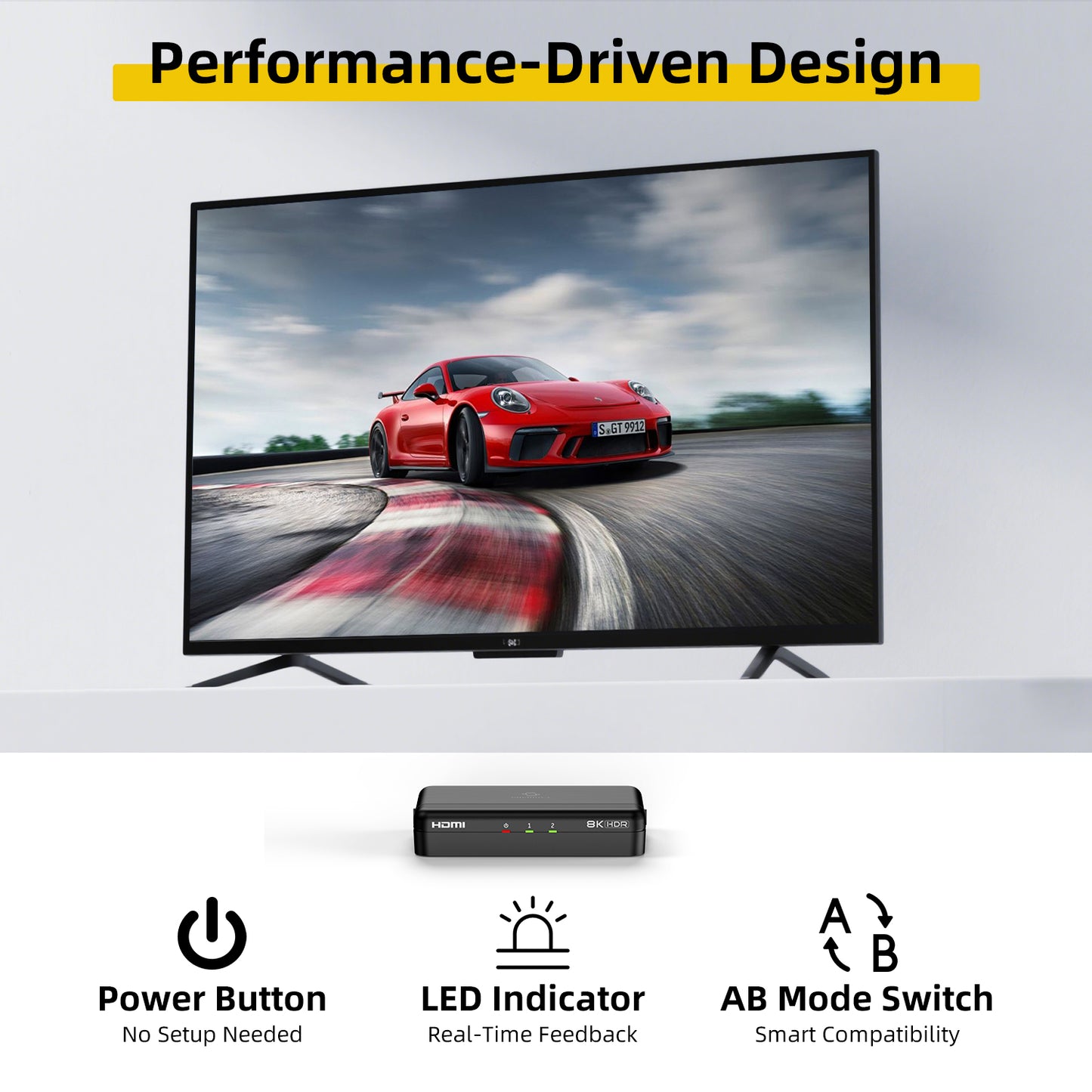 TV displaying a red car on a track, labeled 'Performance-Driven Design'.