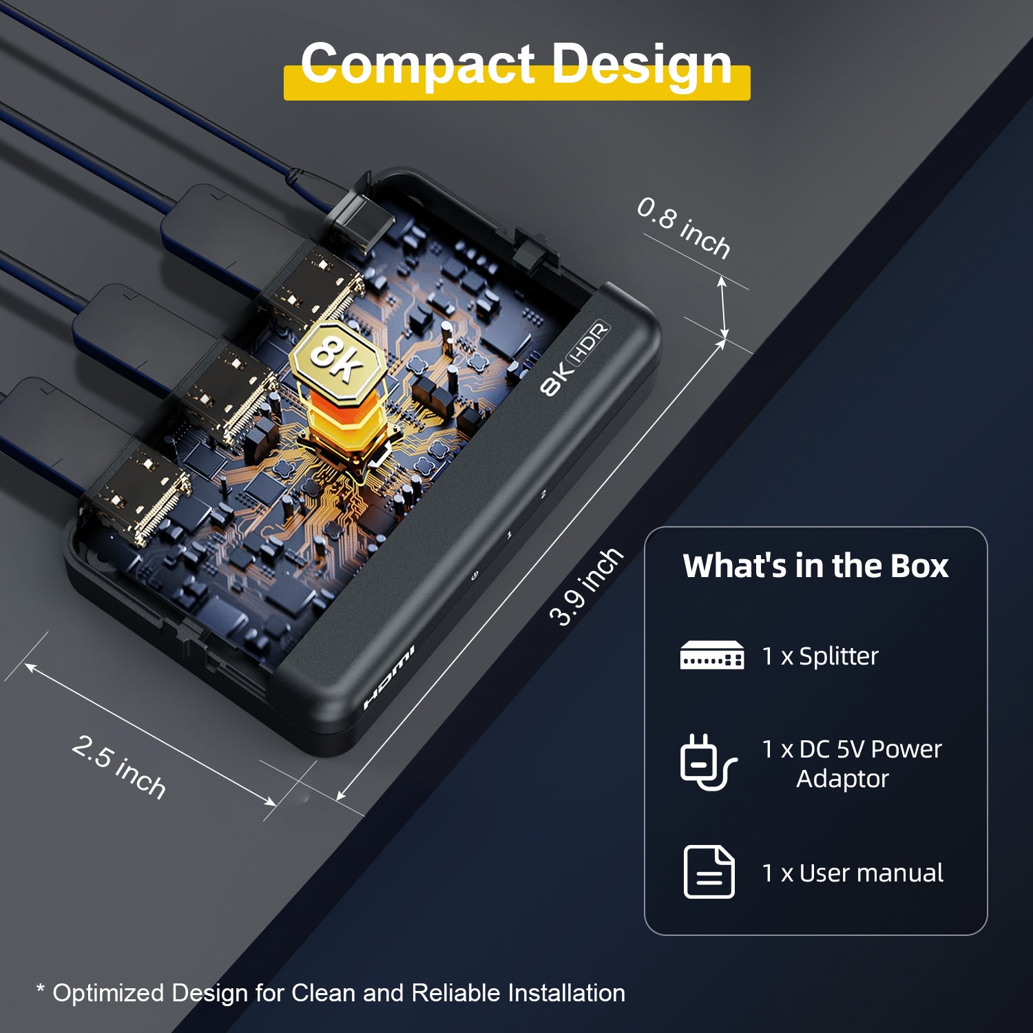 Electronic device with USB cables and technical specifications on a dark background
