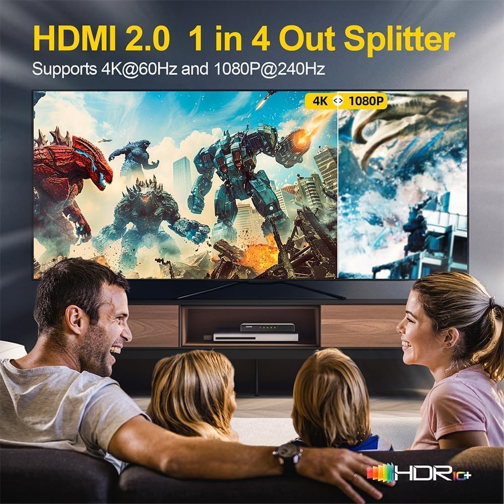 A family enjoy the show in front of TV using 1 in 4 out splitter.