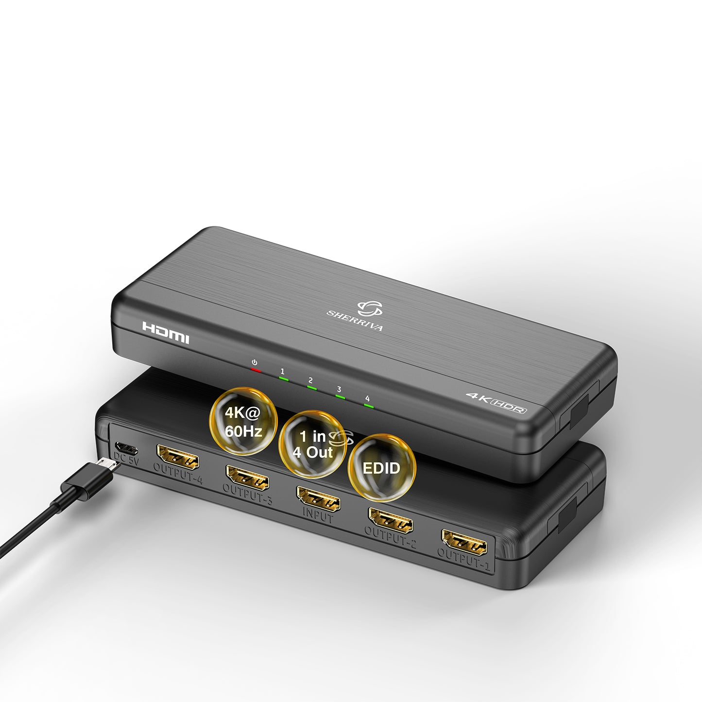 4K HDMI Splitter 1 in 4 Out – 4K@60Hz, 1080p@240Hz, Auto Downscaling, VRR/ALLM