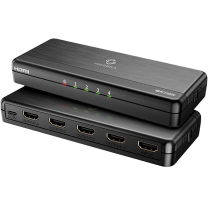 A black 8K 4-port HDMI splitter with indicator lights on the front.
