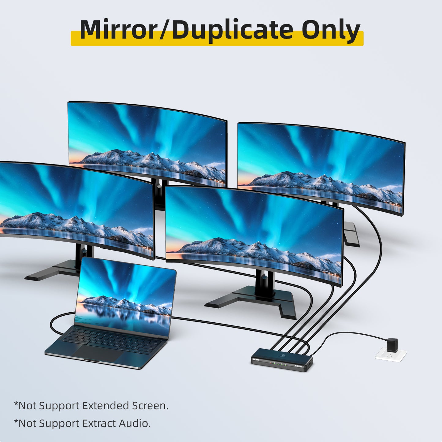 Mirror/duplicate function: 4 monitors displaying a mountainous landscape, the same as a computer, using SHERRIVA 1 in 4 out 8K HDMI splitter.