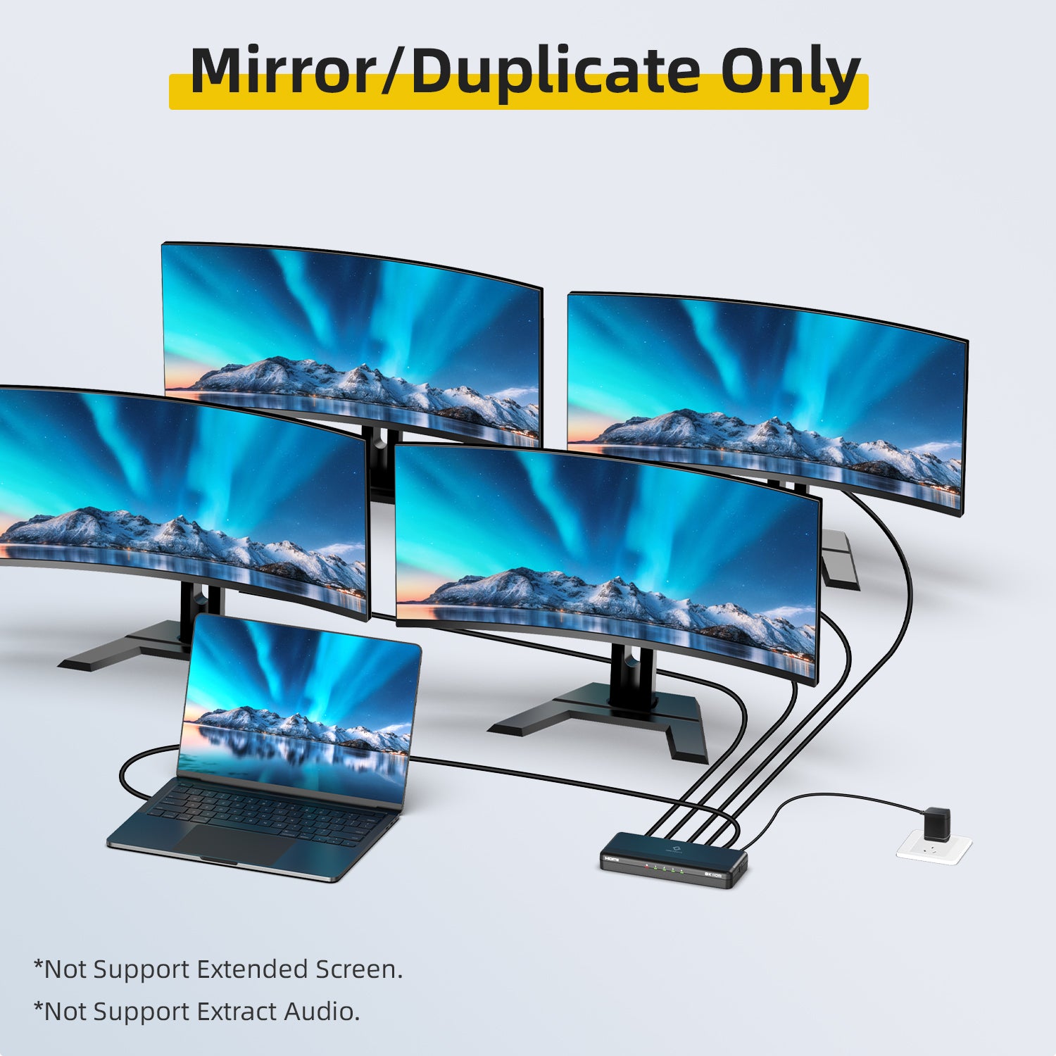 Mirror/duplicate function: 4 monitors displaying a mountainous landscape, the same as a computer, using SHERRIVA 1 in 4 out 8K HDMI splitter.