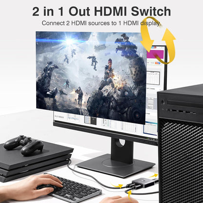 2 in 1 out HDMI Swith can connect 2 HDMI sources to 1 HDMI display.