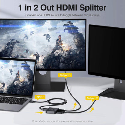 1 in 2 out HDMI Splitter connect one HDMI source to toggle between two displays.