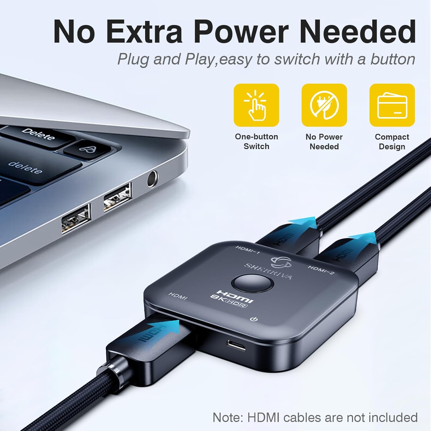 Bio-directional HDMI switch has three features: one-button switch\no power needed\compact design.