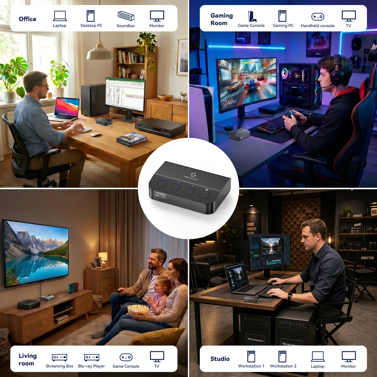 SHERRIVA UHD-3180 3-in-1-out HDMI switch for gaming, office, living room, and studio setups, allowing multiple HDMI sources to share one display.