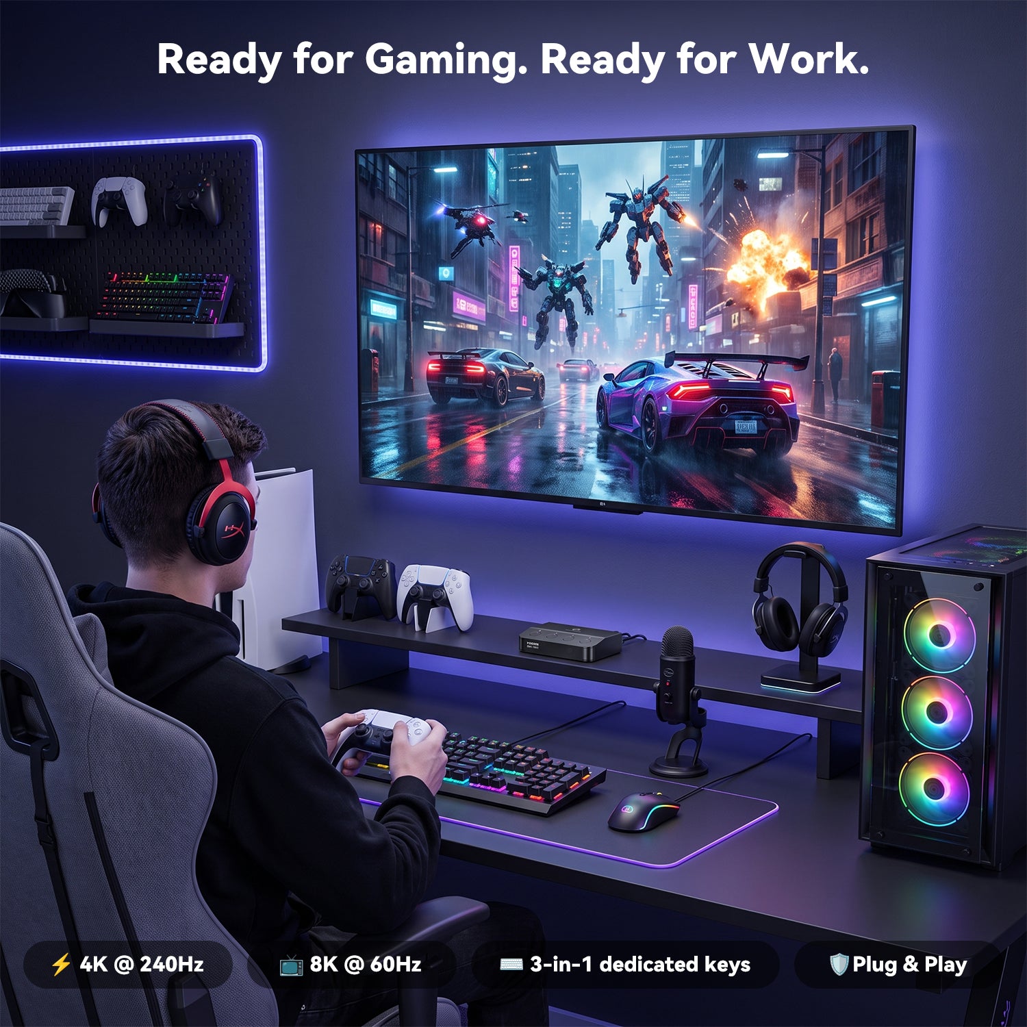 Gaming setup with the SHERRIVA UHD-3180 3-in-1-out HDMI switch, allowing a gaming PC and multiple consoles to share one large display with quick source switching.