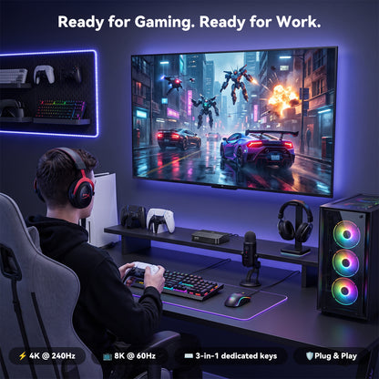 Gaming setup with the SHERRIVA UHD-3180 3-in-1-out HDMI switch, allowing a gaming PC and multiple consoles to share one large display with quick source switching.