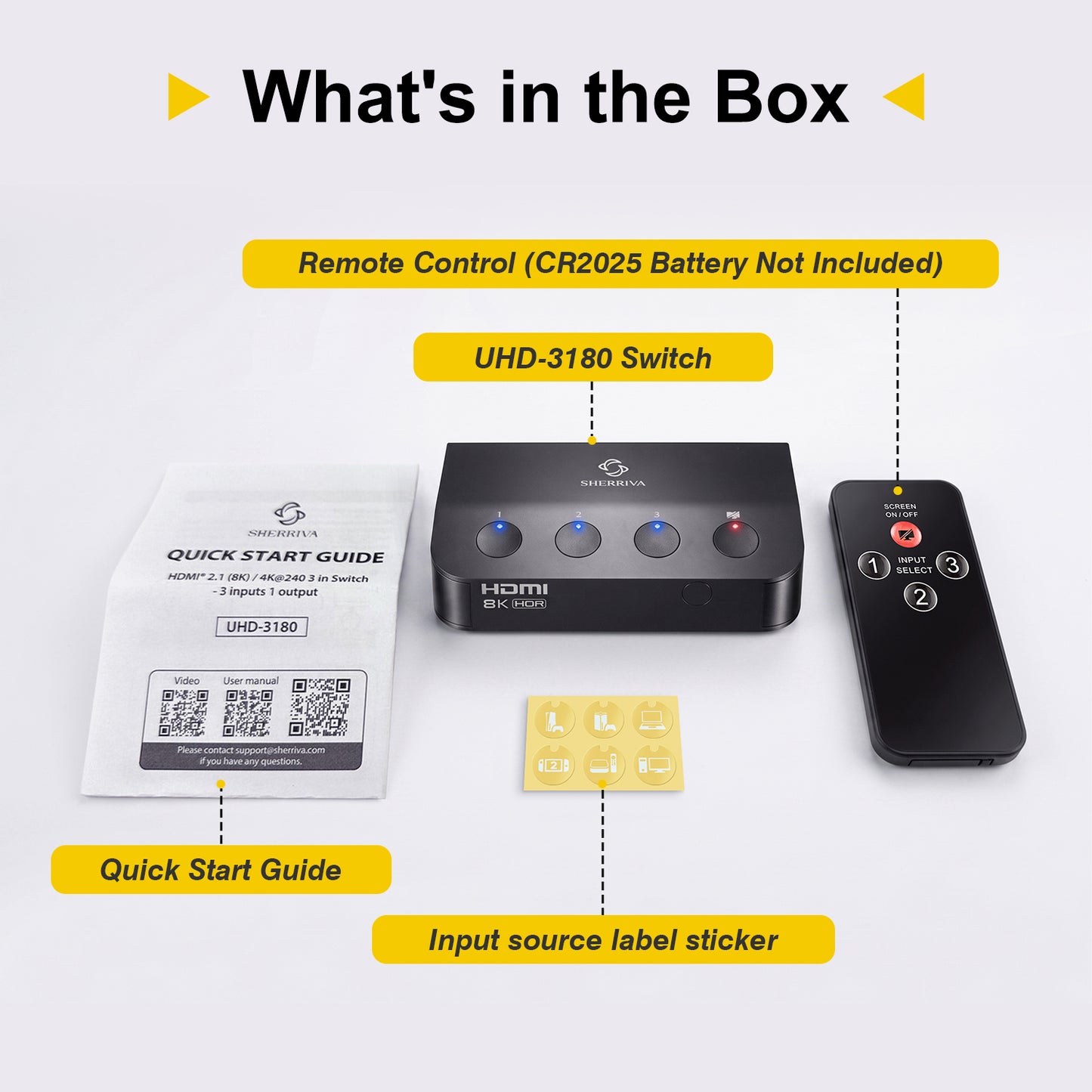 What’s in the box: 1 × SHERRIVA UHD-3180 3-in-1-out HDMI switch, 1 × remote control, 1 × quick start guide, and 1 × input source label sticker sheet. CR2025 battery not included.