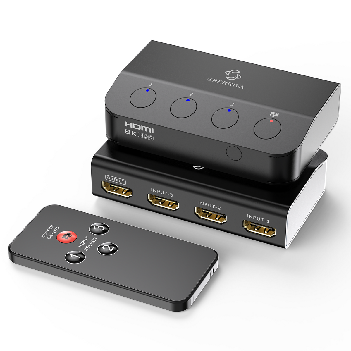 A 3 in 1 out HDMI switch, shown stacked on top of a matching remote control on a clean white background. The brand name 'SHERRIVA' is visible on the top device.