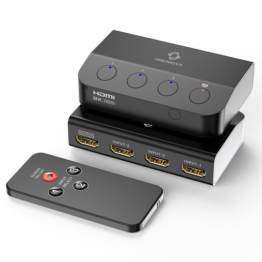 A 3 in 1 out HDMI switch, shown stacked on top of a matching remote control on a clean white background. The brand name 'SHERRIVA' is visible on the top device.