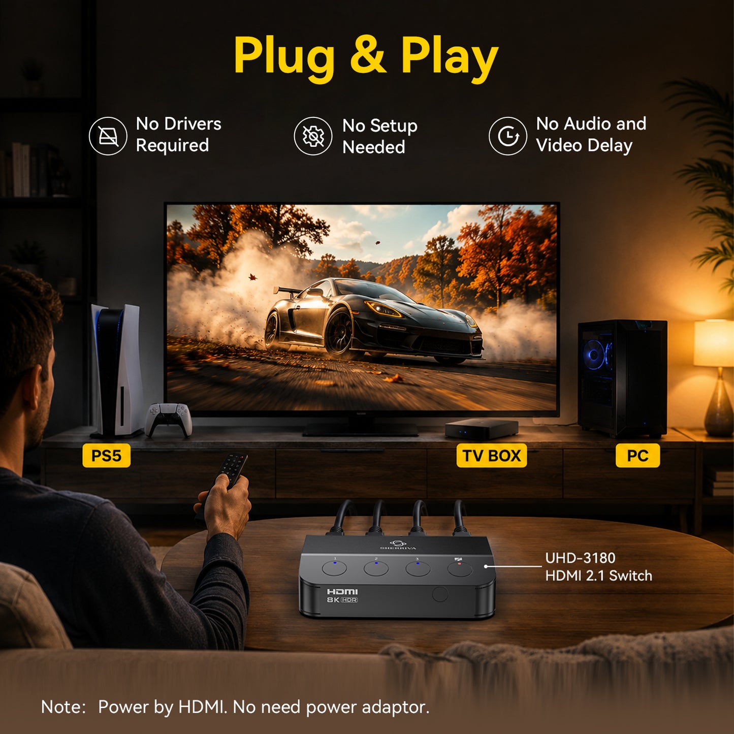 A home theater setup scene showing a person seated in front of a TV displaying a racing car, with labeled components including PS5, TV BOX, PC, and an HDMI switch on a console table. The image includes marketing text such as 'Plug & Play' and feature callouts like 'No Drivers Required' and 'No Setup Needed.