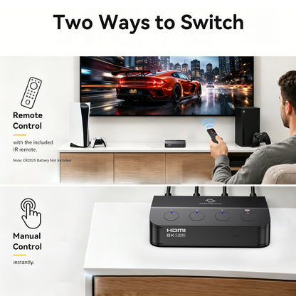 Promotional graphic for a black HDMI bridge receiver labeled 'Two Ways to Switch,' showing two usage methods: a person using a remote control to switch a TV and the receiver being used for manual control. The scene includes a living room setup with a TV, speakers, and a seated person.